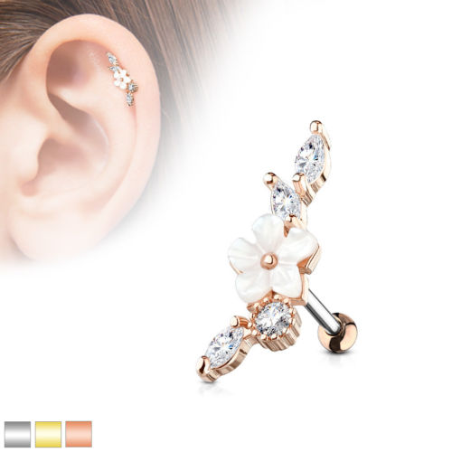 1pc Mother of Pearl Flower Gem Vine Tragus Ring 16g 1/4"