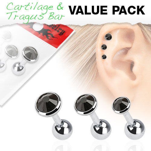 3pc Value Pack Gem Tragus Cartilage Ring 16g 1/4" - Choose Color