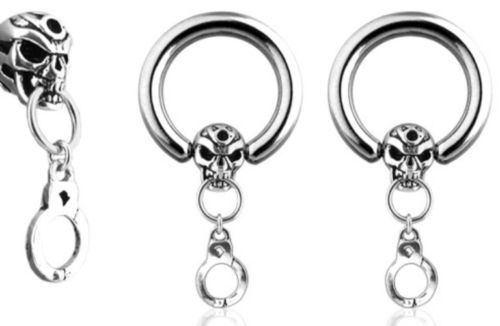 PAIR Skull & Handcuff Captive Bead Ear / Nipple Rings