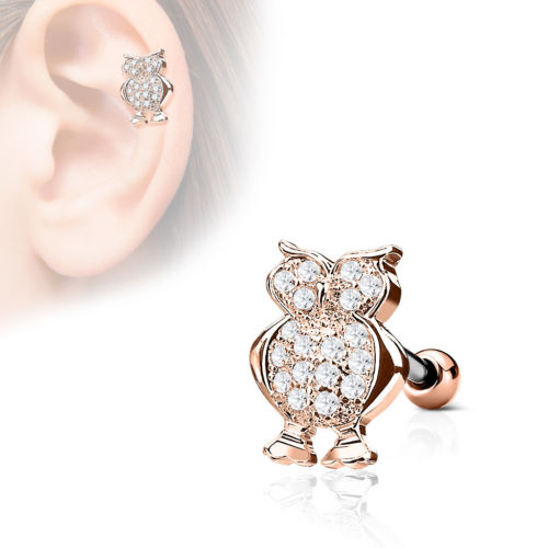 1pc CZ Gem Paved Owl Tragus Ring 16g 1/4"
