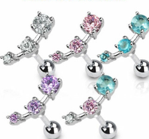 1pc Prong Set Triple Gem Tragus Ring 16g 1/4"