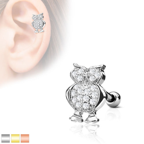 1pc CZ Gem Paved Owl Tragus Ring 16g 1/4"