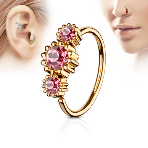 1pc Rose Gold Three CZ Gem Hoop Nose / Cartilage Ring
