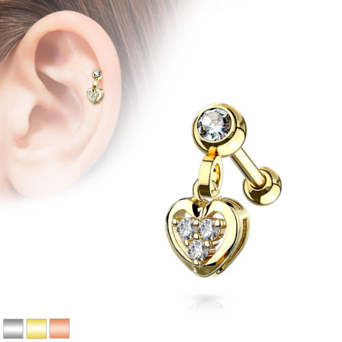 1pc CZ Gem Heart Dangle Tragus Ring 16g 1/4"
