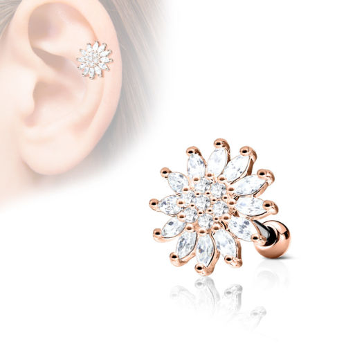 1pc CZ Gem Paved Flower Tragus Ring 16g 1/4"