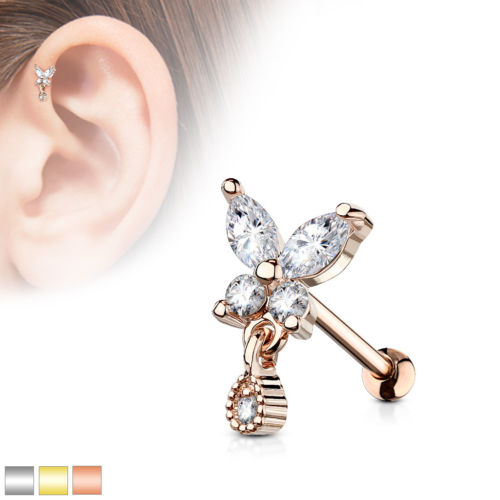 1pc CZ Gem Butterfly w/ Tear Drop Tragus Ring 16g 1/4"