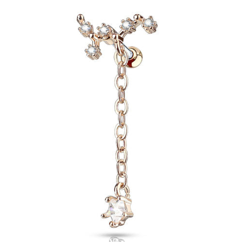 1pc CZ Gem Vine w/ Chain Tragus Ring 16g 1/4"