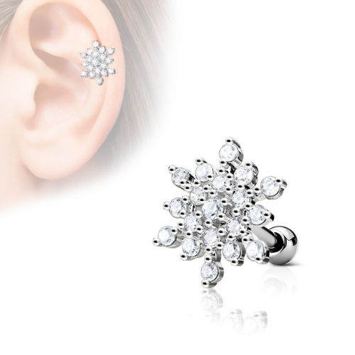 1pc CZ Gem Paved Snowflake Tragus Ring 16g 1/4"