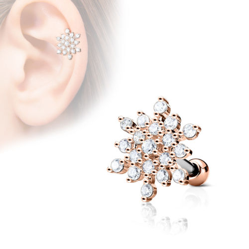 1pc CZ Gem Paved Snowflake Tragus Ring 16g 1/4"