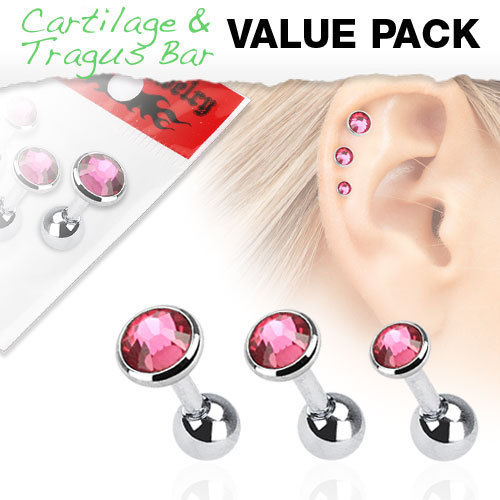 3pc Value Pack Gem Tragus Cartilage Ring 16g 1/4" - Choose Color