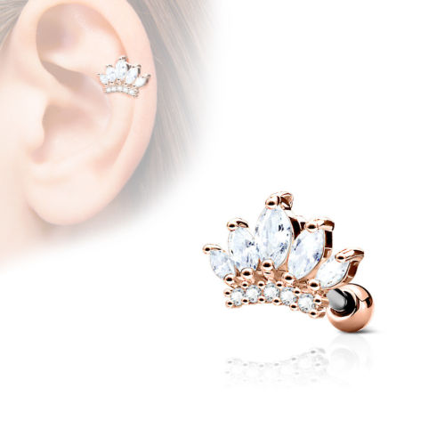 1pc CZ Gem Princess Crown Tragus Ring 16g 1/4"