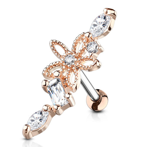 1pc CZ Gem Hollow Flower Tragus Ring 16g 1/4"