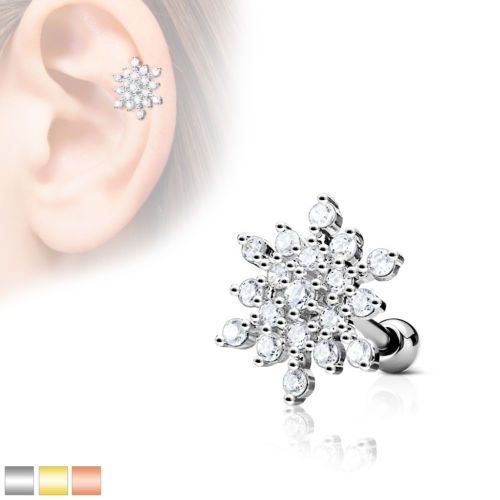 1pc CZ Gem Paved Snowflake Tragus Ring 16g 1/4"