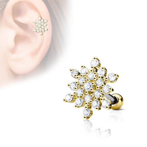 1pc CZ Gem Paved Snowflake Tragus Ring 16g 1/4"