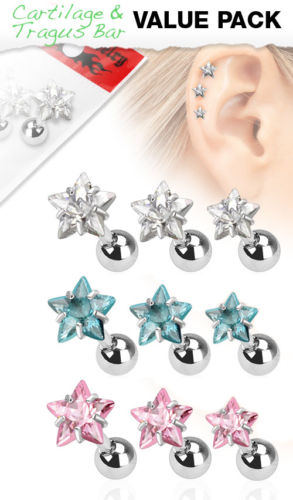 3pc Value Pack Prong Set Star Gem Tragus Ring 16g 1/4"