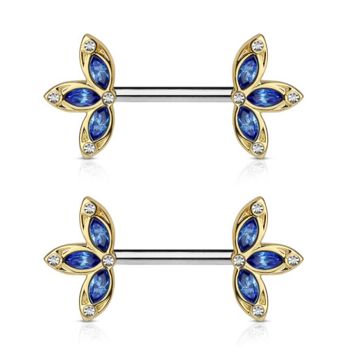 PAIR Crystal Set Three Petal Flower Ends Nipple Rings Shields