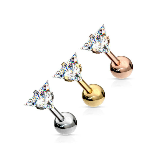 3pc Value Pack Triangle CZ Gem Ion Plated Tragus Stud Helix Cartilage Ring Earring 16g 1/4"