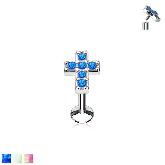 1pc Opal Cross Steel Labret Stud 16g Internally Threaded Helix Daith Tragus Monroe