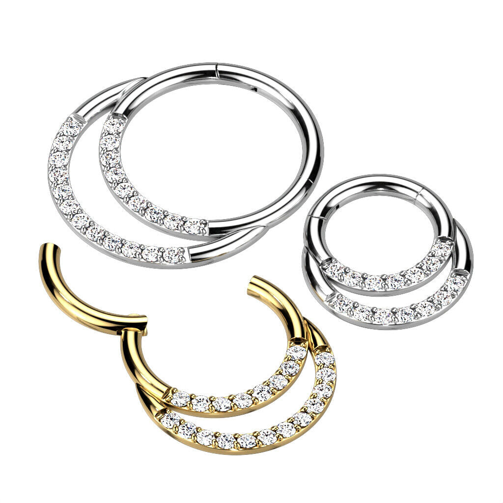 1pc Titanium Hinged Segment Ring Double Lined CZ Gems Septum Hoop Helix Daith