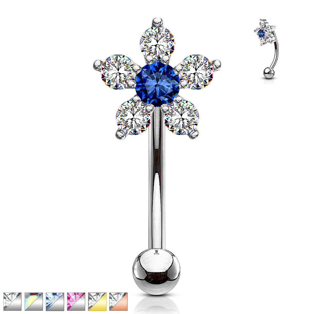 1pc Eyebrow Ring w/ Double Tier CZ Gem Flower 16g Curved Barbell 16 Gauge
