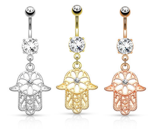 Beaded Outline Hamsa Belly Ring Gem CZ Dangle Pierced Navel Naval