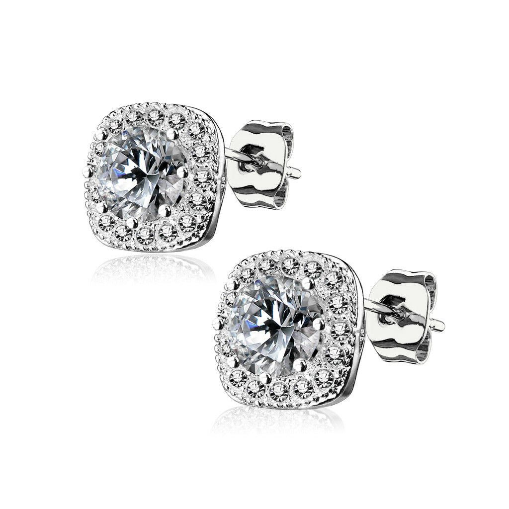 PAIR of Large Round CZ Centered Square 316L Surgical Steel 20g Earrings