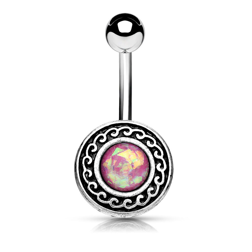 1pc Antique Silver Plated Tribal Shield w/ Opal Glitter Center Belly Navel Ring