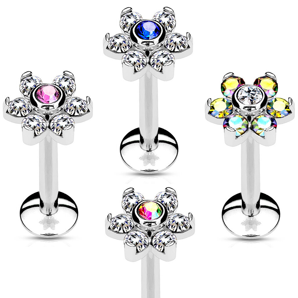 1pc Six Gem Flower 16g Internally Threaded 1/4" or 5/16" Steel Labret Monroe