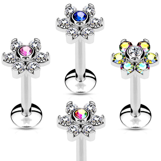 1pc Six Gem Flower 16g Internally Threaded 1/4" or 5/16" Steel Labret Monroe