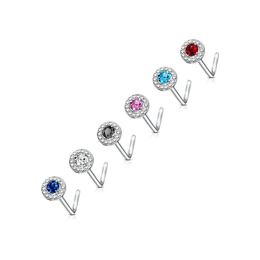 1pc Double Tier CZ Gem L-Bend 20g Nose Ring Stud Screw 316L Surgical Steel