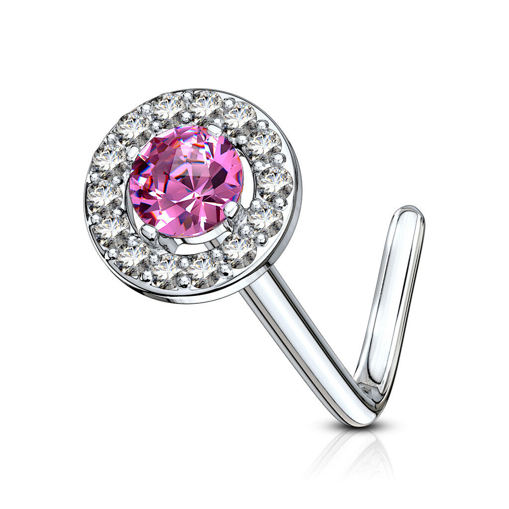 1pc Double Tier CZ Gem L-Bend 20g Nose Ring Stud Screw 316L Surgical Steel