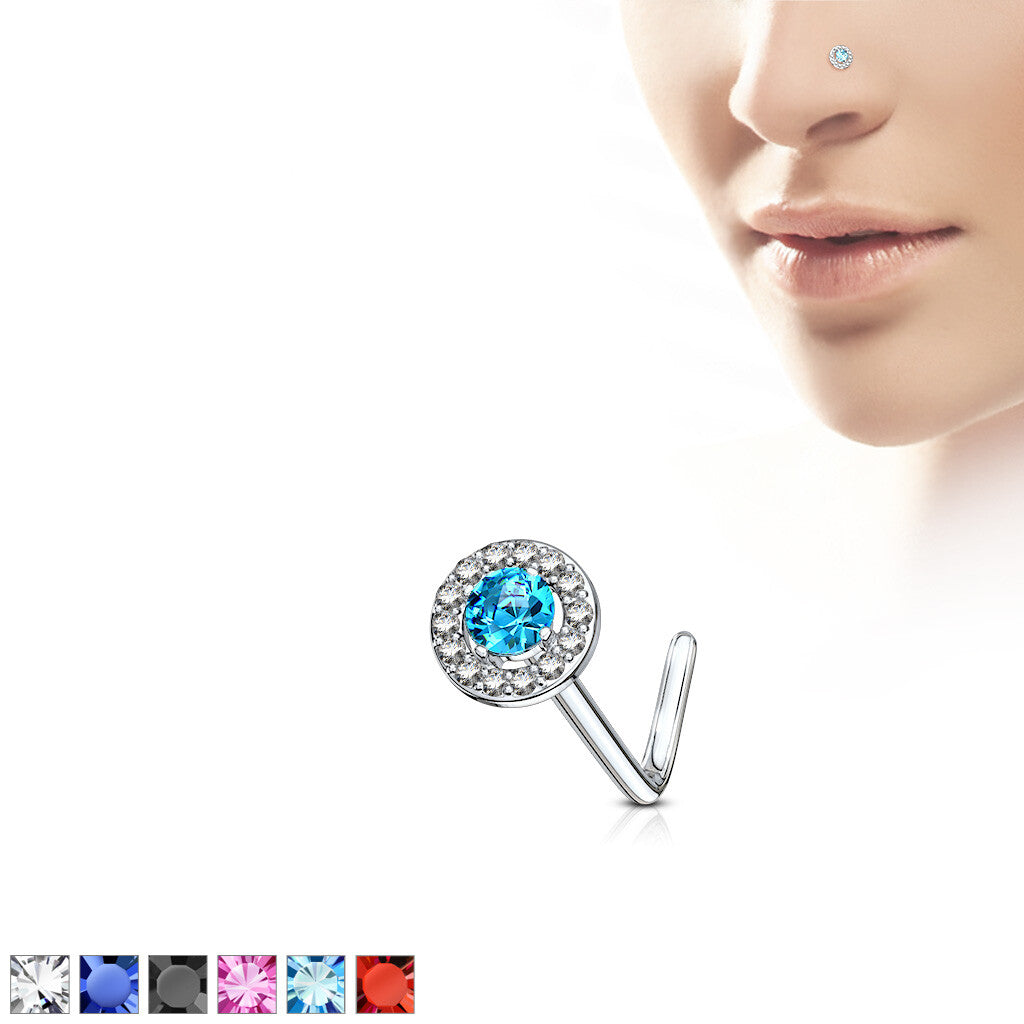 1pc Double Tier CZ Gem L-Bend 20g Nose Ring Stud Screw 316L Surgical Steel