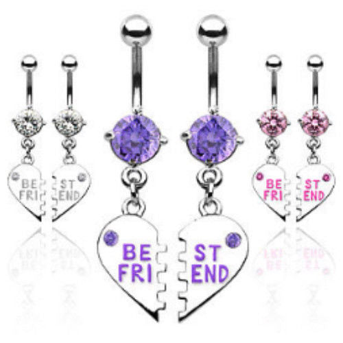 PAIR Best Friends Heart CZ Gem Belly Ring Set Navel Piercing Pierced Naval