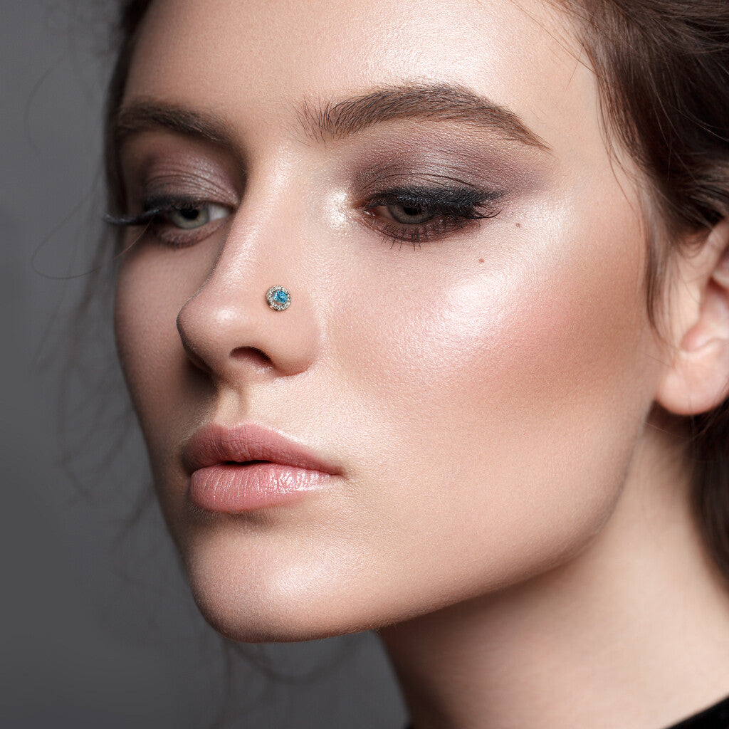 1pc Double Tier CZ Gem L-Bend 20g Nose Ring Stud Screw 316L Surgical Steel