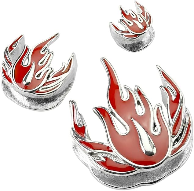 PAIR Red Flames Saddle Ear Spreader Tunnels Plugs Gauges
