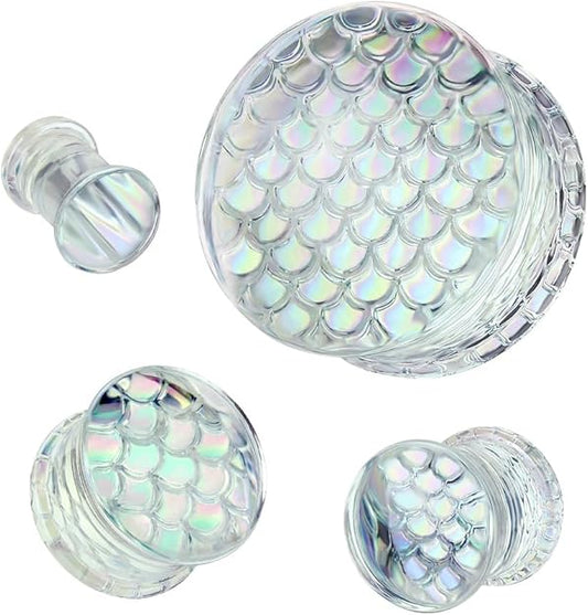 PAIR Holographic Dragon / Fish Scale Design Pyrex Glass Plugs Gauge Body Jewelry