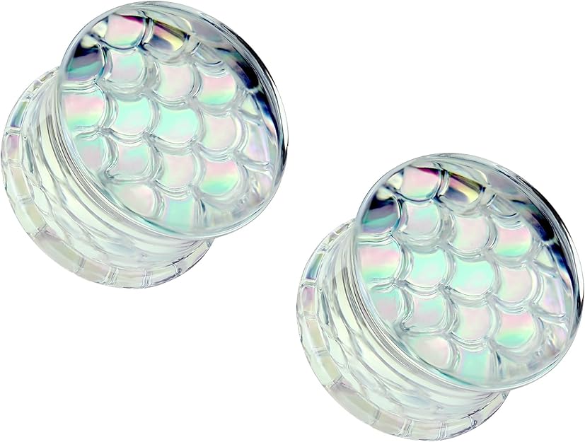 PAIR Holographic Dragon / Fish Scale Design Pyrex Glass Plugs Gauge Body Jewelry