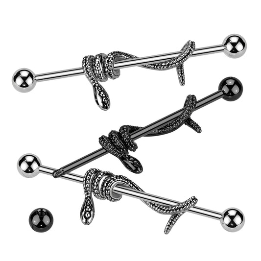 1pc Snake Wrapped Steel Industrial Barbell Serpent 38mm Body Jewelry 1&1/2"