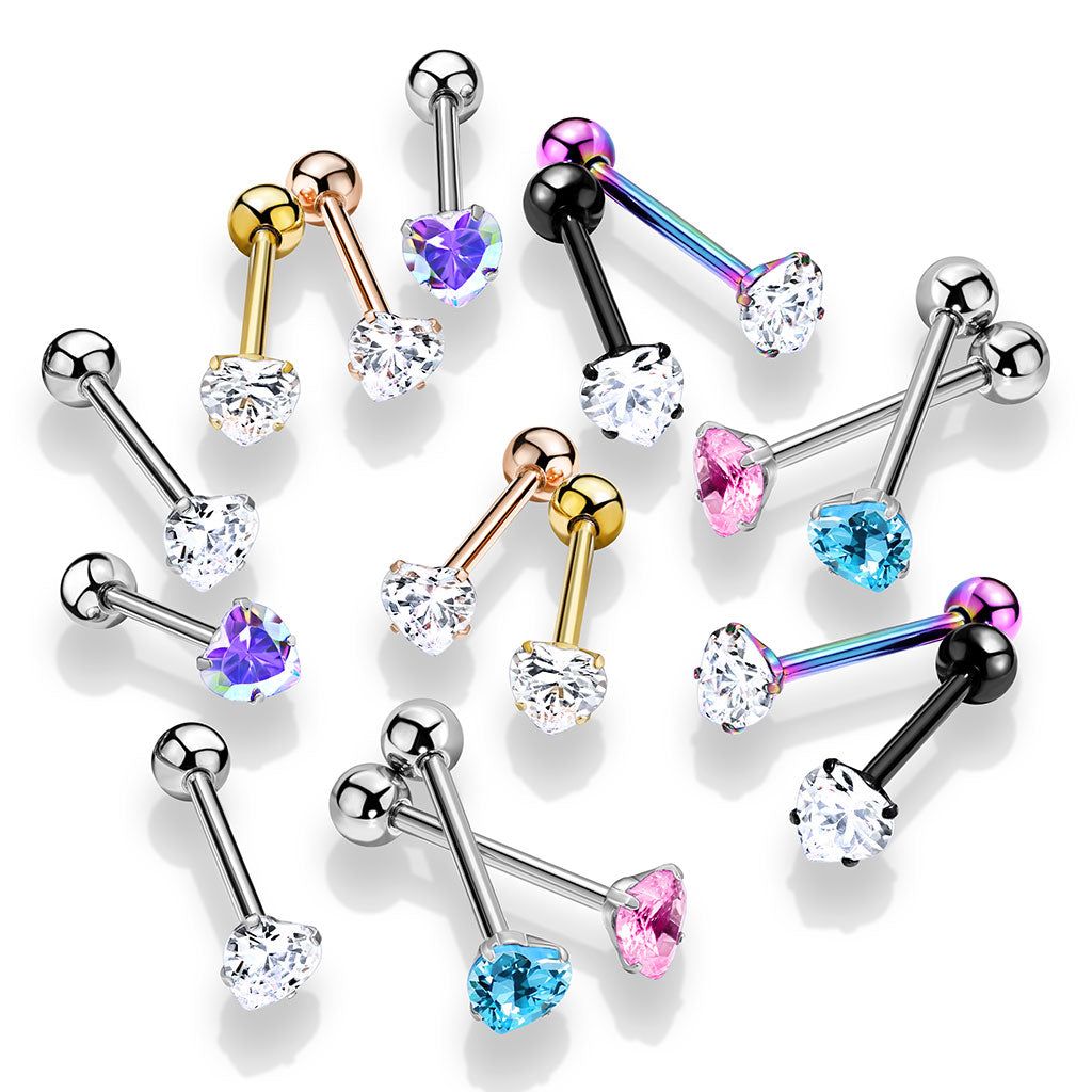 8pcs Prong Set Heart Gem Tongue Rings Tounge Barbells Wholesale Body Jewelry