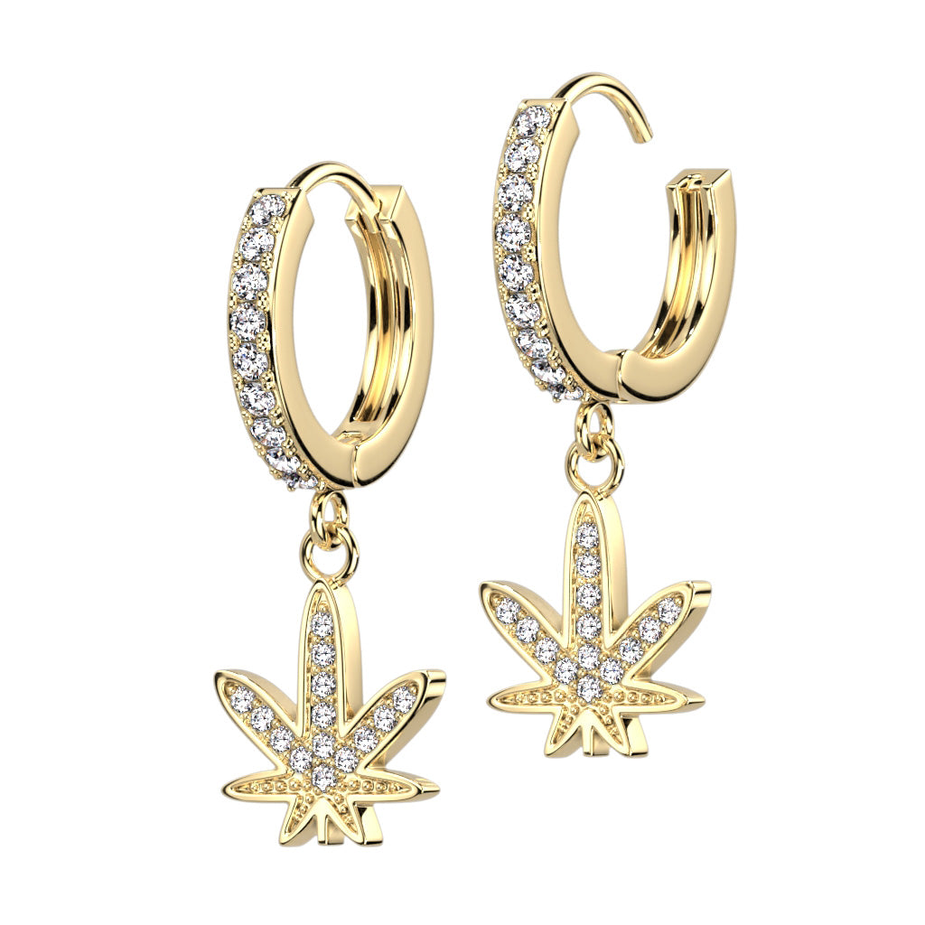 PAIR of CZ Gem Paved Pot Leaf Hinged Hoop Earrings Huggies 18g
