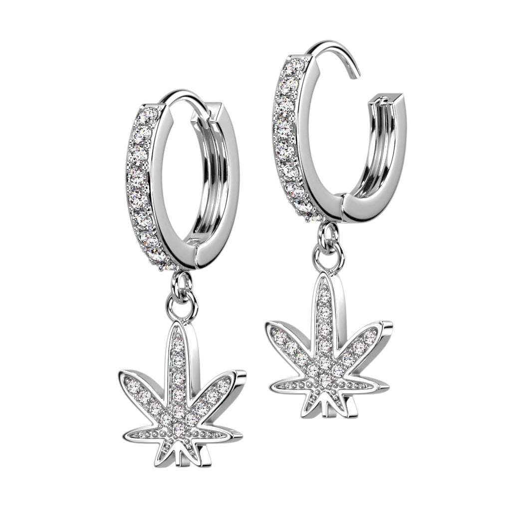 PAIR of CZ Gem Paved Pot Leaf Hinged Hoop Earrings Huggies 18g