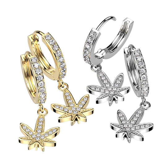 PAIR of CZ Gem Paved Pot Leaf Hinged Hoop Earrings Huggies 18g