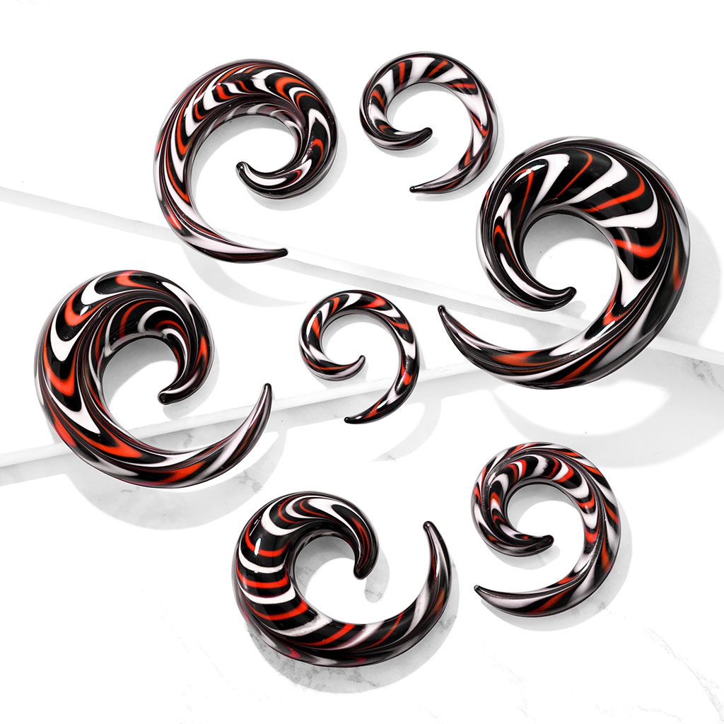 PAIR Red, White & Black Glass Spiral Tapers Expanders Plugs Gauges Body Jewelry