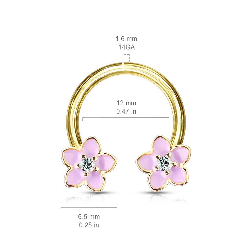 1pc Pink Enamel Flowers Gold Circular Barbell Horseshoe Lip Nipple Septum Ring