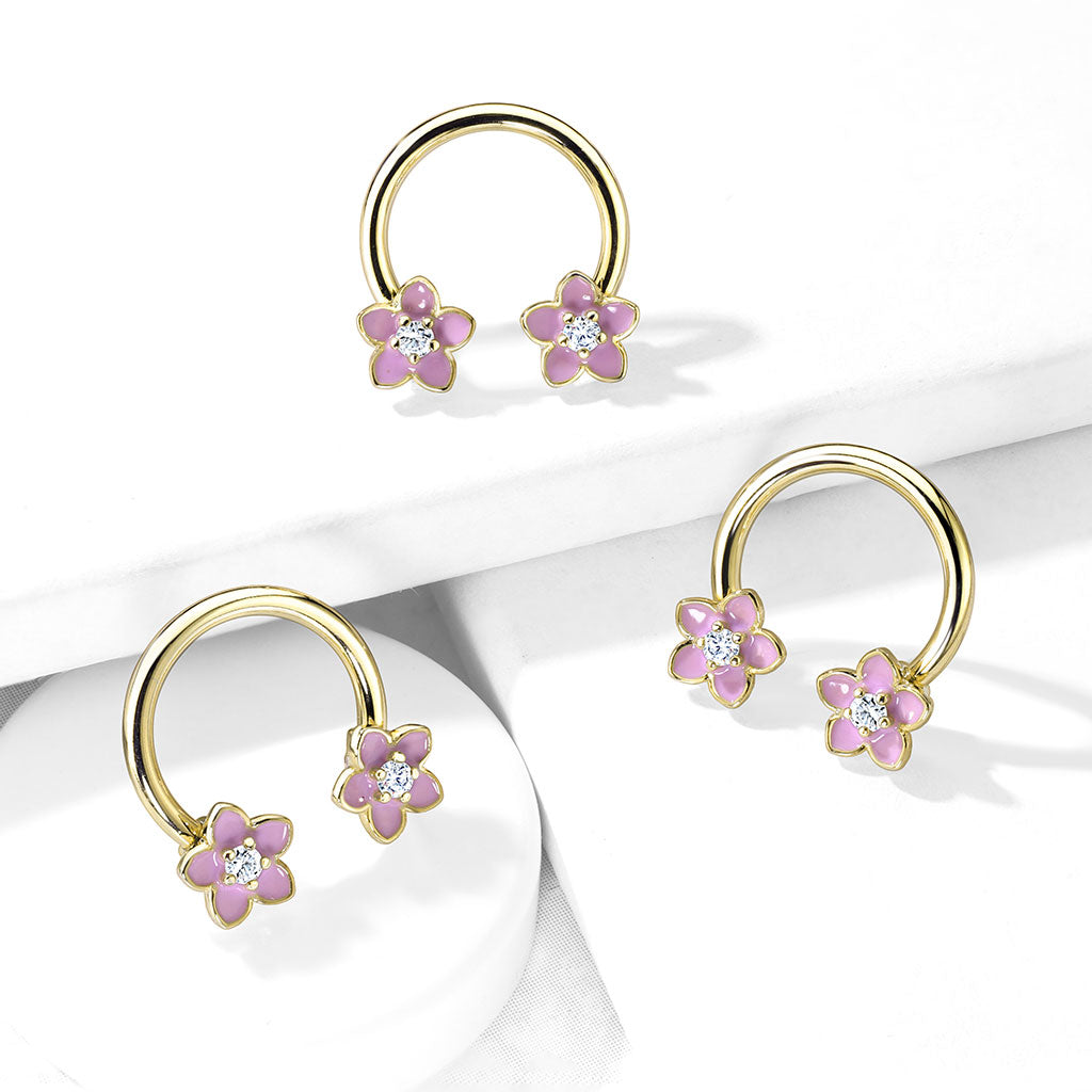 1pc Pink Enamel Flowers Gold Circular Barbell Horseshoe Lip Nipple Septum Ring