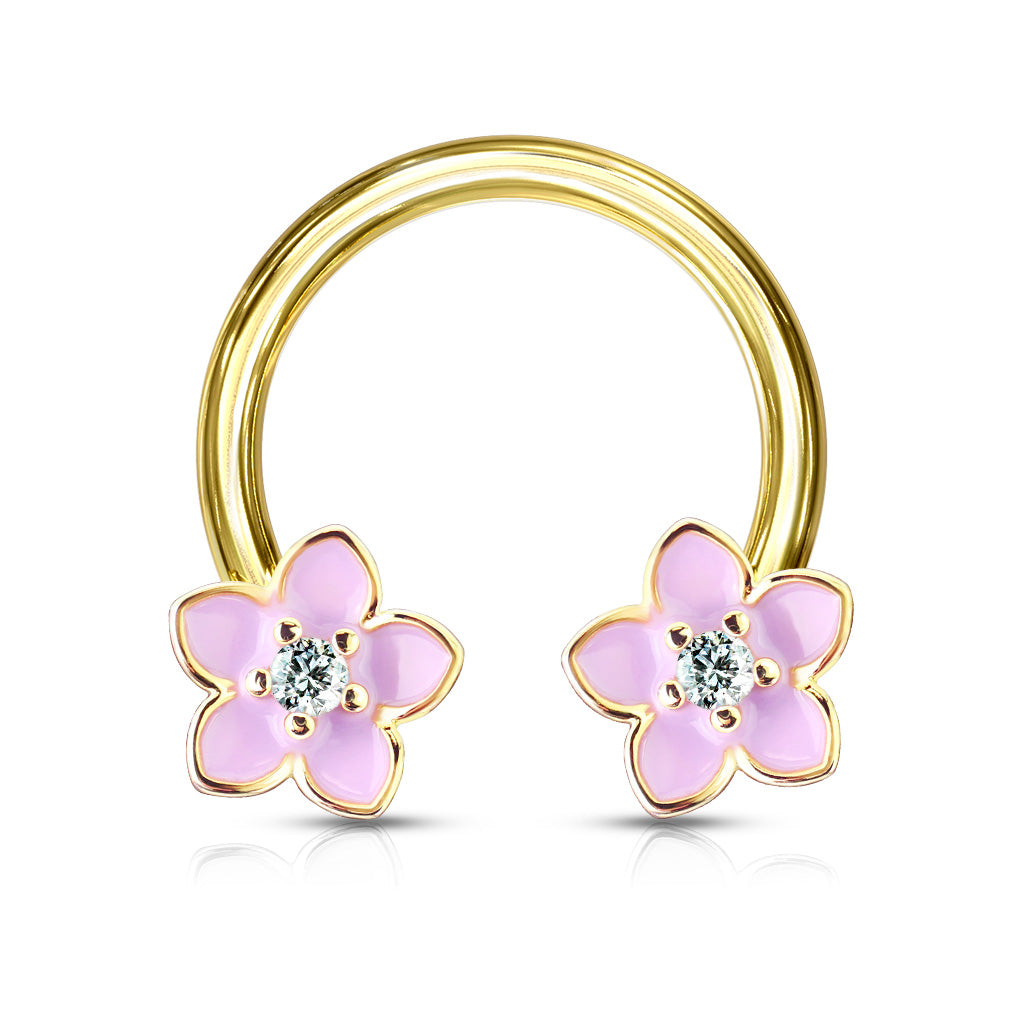 1pc Pink Enamel Flowers Gold Circular Barbell Horseshoe Lip Nipple Septum Ring