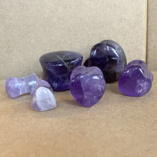 PAIR Heart Shaped Amethyst Stone Plugs Gauges Amythest Tunnels Body Jewelry
