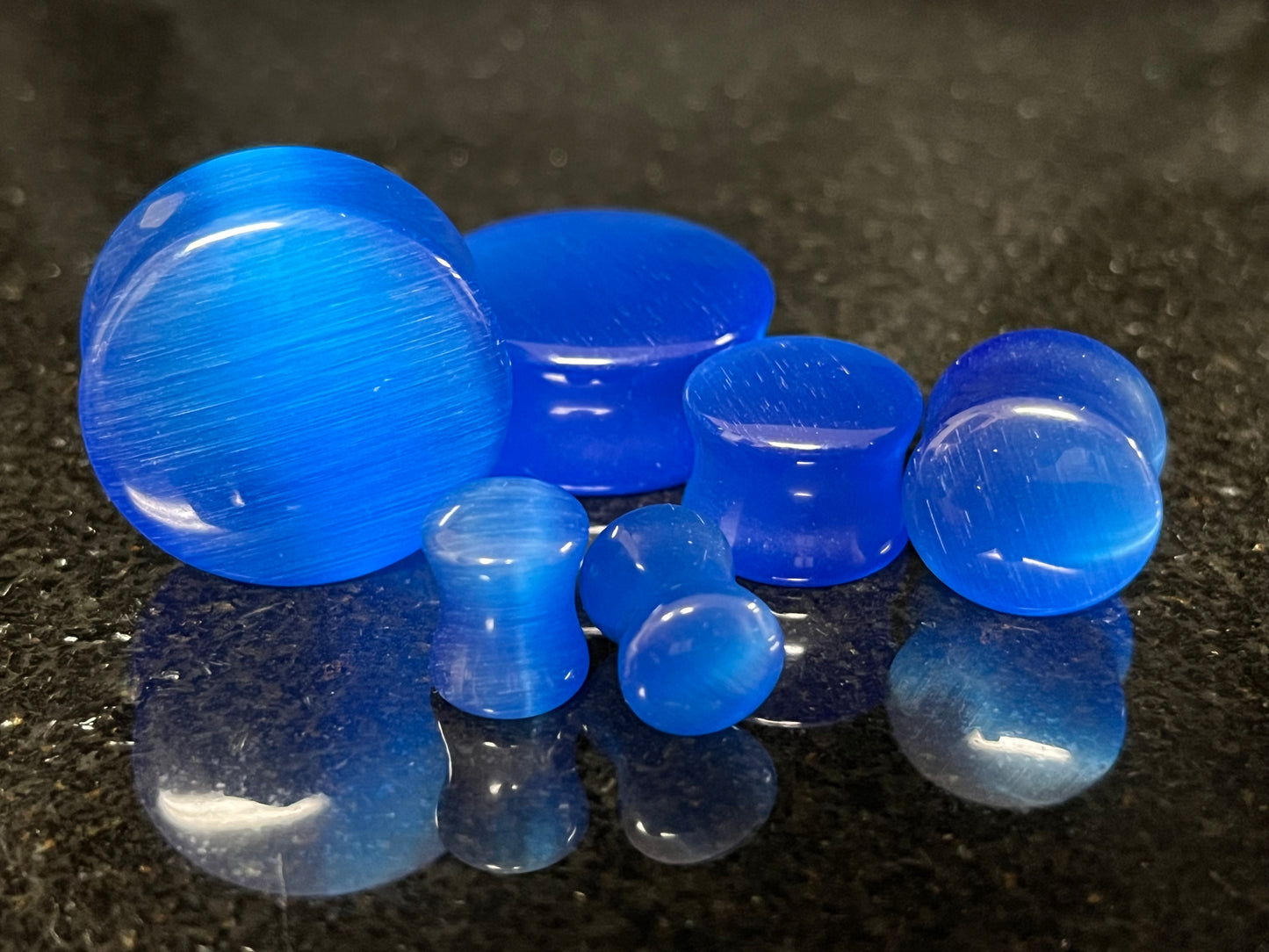 PAIR Blue Cat Eye Stone Double Flare Plugs Tunnels Earlets Gauges Body Jewelry