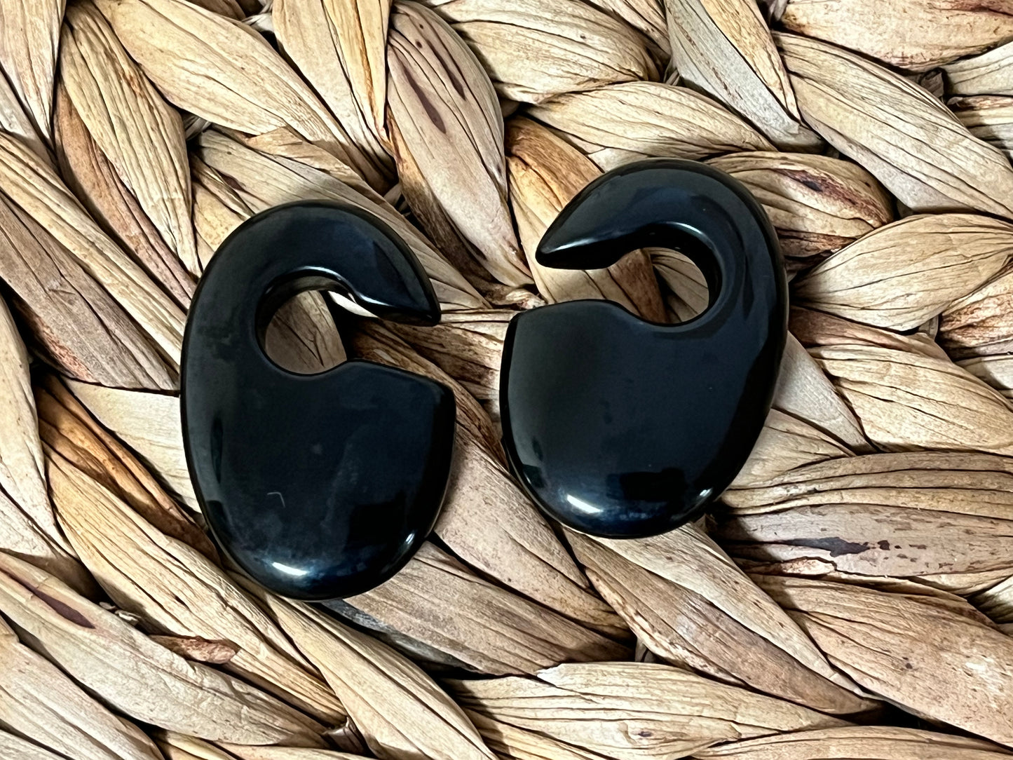 PAIR Black Obsidian Oval Keyhole Hanger Ear Weight Plug Gauges Tunnels Stone