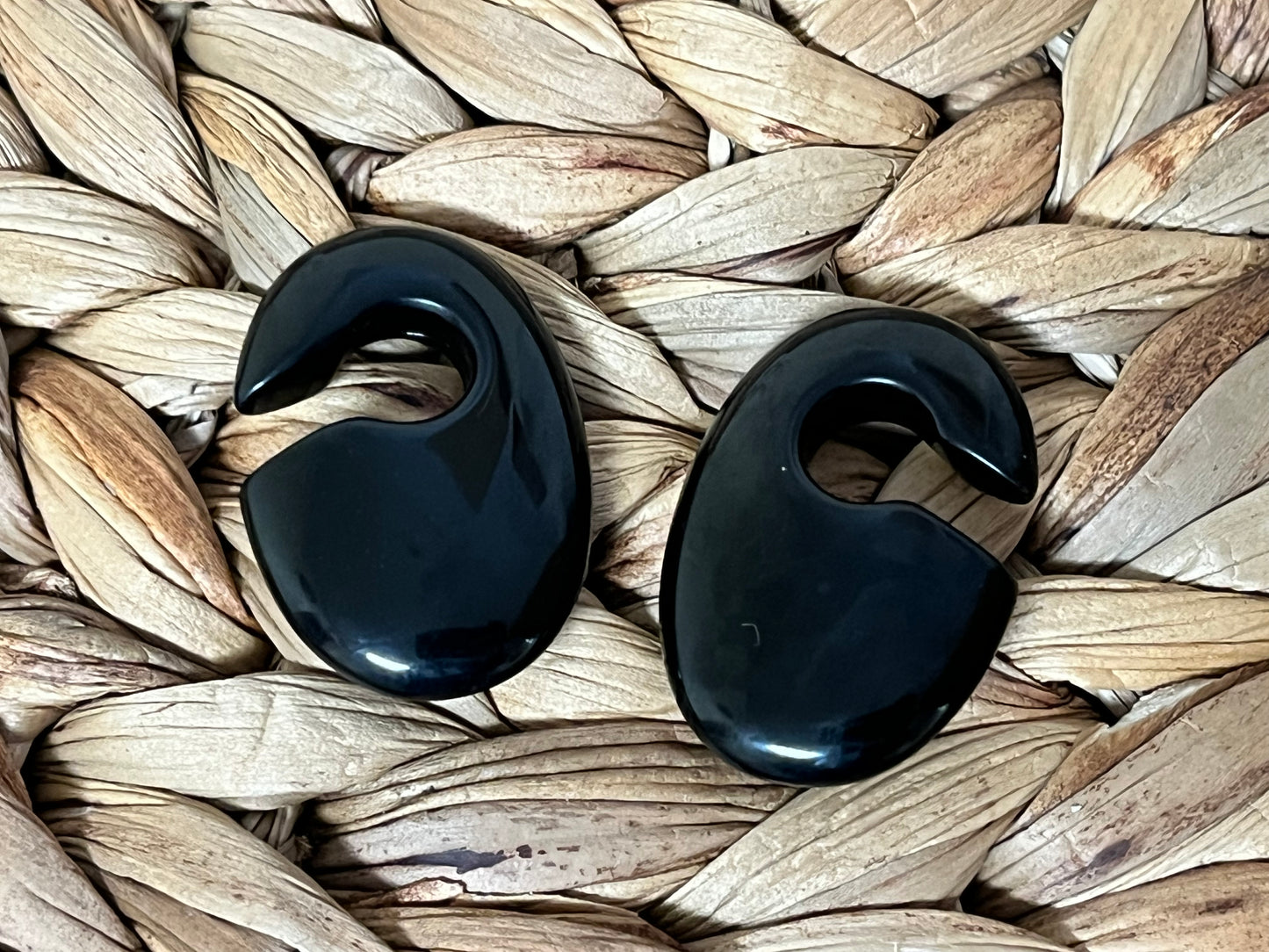 PAIR Black Obsidian Oval Keyhole Hanger Ear Weight Plug Gauges Tunnels Stone